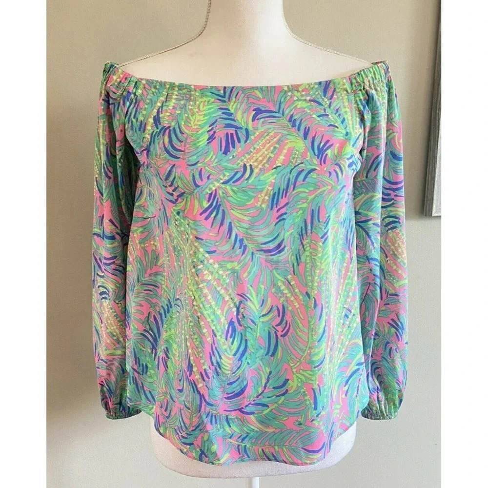 Lilly Pulitzer Adira Silk Shirt Blouse Off The Shoulder Pink Green XS